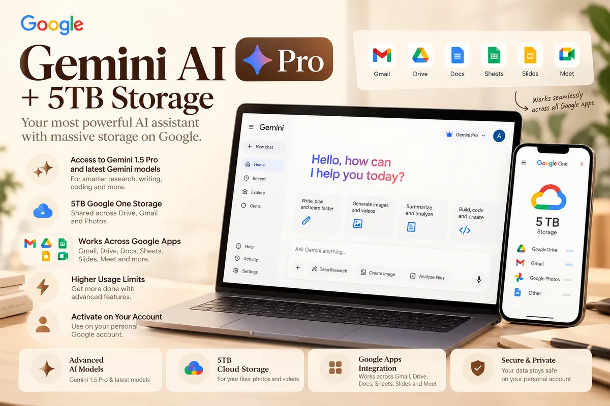 Gemini AI Pro + 5TB Storage (Activation Link)