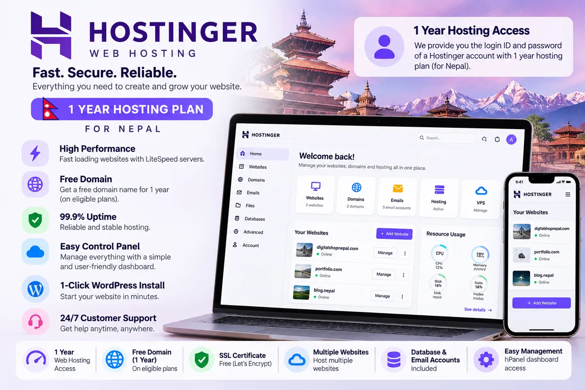 Hostinger Web Hosting + Website Builder 1 Year – Your Own Email - Buy in Nepal