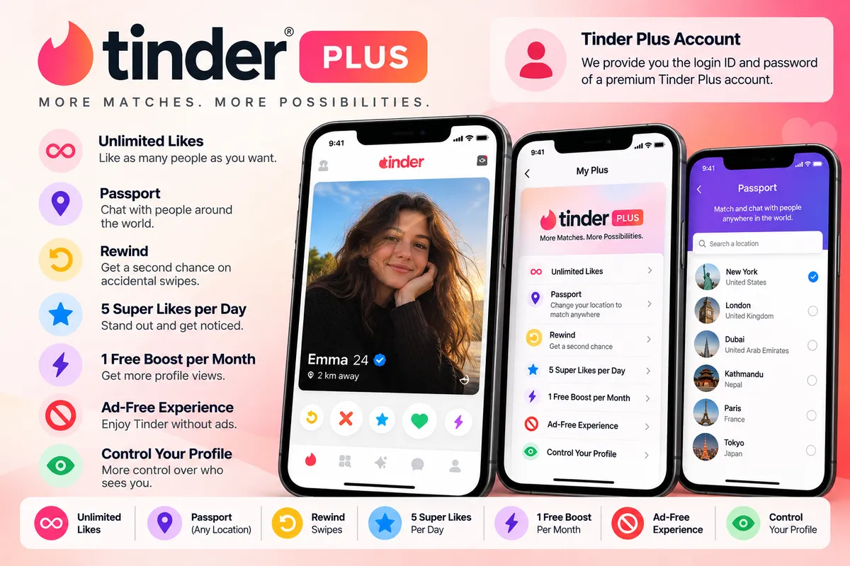 Tinder Plus – Digital Gift Card (1, 6 or 12 Months) - Buy in Nepal