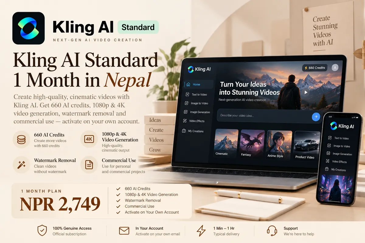 Kling AI Standard 1 Month – Your Own Email (660 Credits) - Buy in Nepal