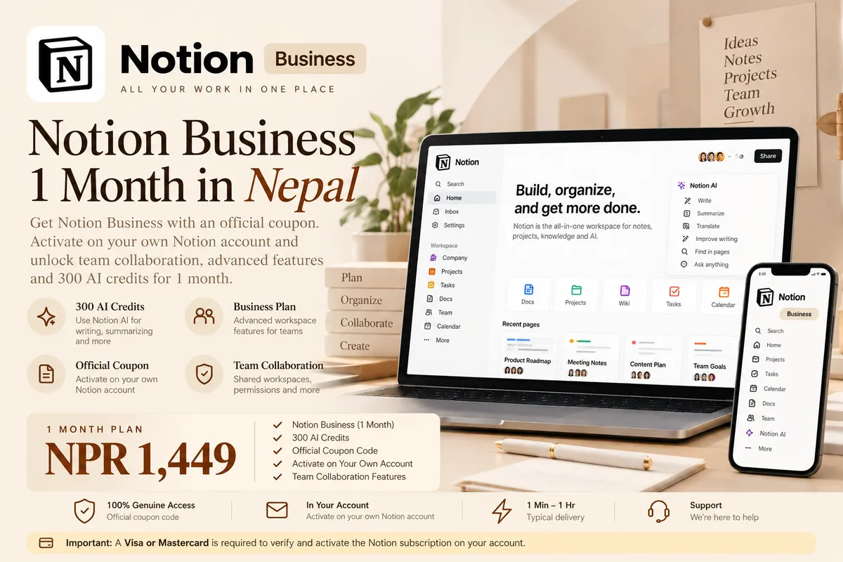 Notion Business 1 Month – Activation Coupon (Card Required) - Buy in Nepal