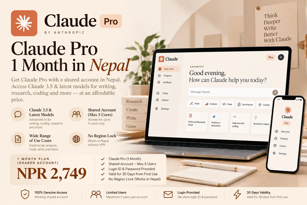Claude Pro 1 Month – Shared Account (Max 5 Users) - Buy in Nepal